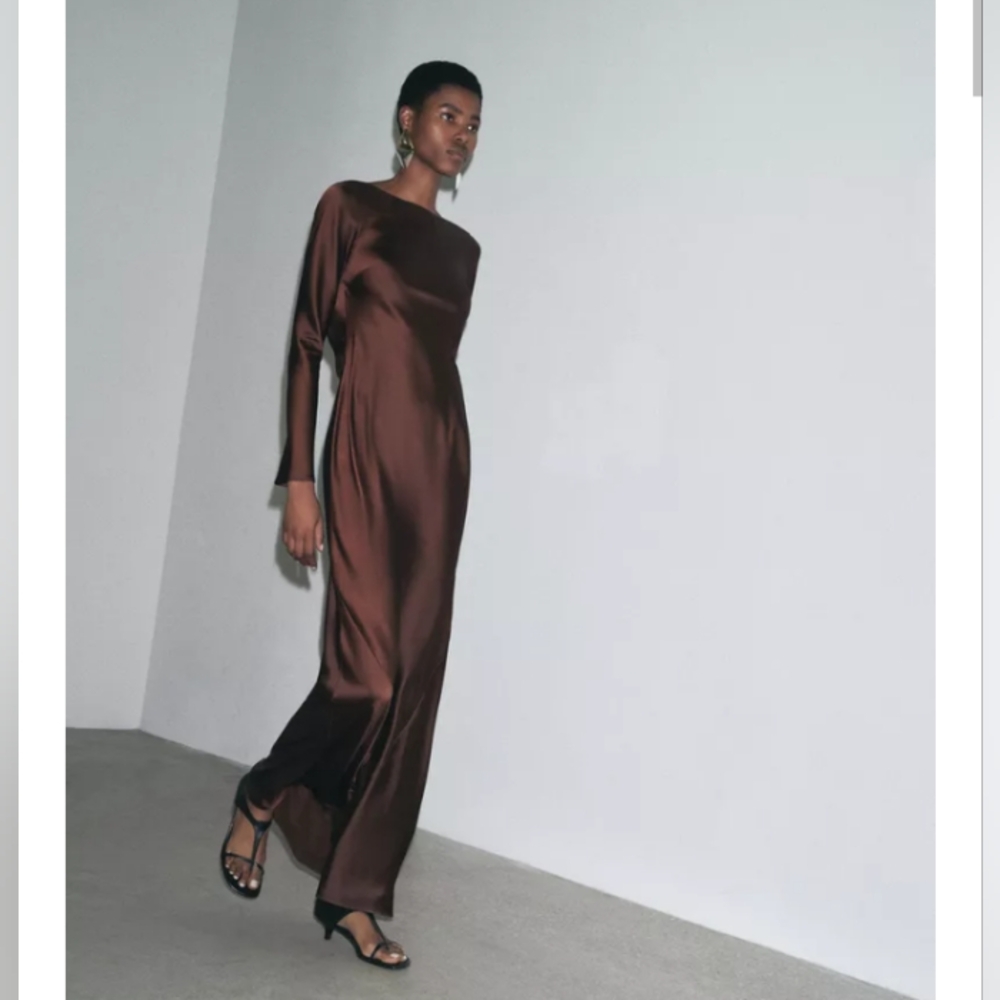 Zara Satin Long Sleeve Backless Gown in Brown - Picture 2 of 5